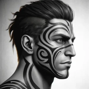 DALL·E 2024 02 18 22.06.08 Create An Image Of A Fictional Character With A Unique Tribal Tattoo Design On One Side Of Their Face Similar To The Style But Not Replicating Any Re