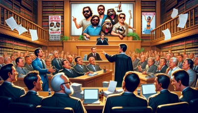 DALL·E 2024 02 18 22.07.59 Illustrate A Fictional Courtroom Scene Focusing On A Copyright Dispute Related To A Movie Similar To The Hangover. The Image Should Depict A Lively 
