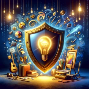 DALL·E 2024 03 16 18.50.35 A Vibrant Illustration Showcasing The Concept Of Intellectual Property Protection. The Scene Includes A Large Golden Shield Emblazoned With Symbols O