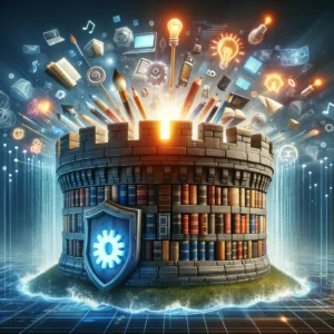 DALL·E 2024 03 16 19.08.06 A Dynamic Illustration That Conveys The Power Of Intellectual Property Protection Featuring A Robust Fortress Made Of Books Patents And Software Co