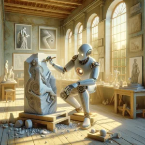 DALL·E 2024 03 22 13.39.16 Imagine ChatGPT As A Grand Sculptor In An Ancient Sunlit Workshop Chiseling Away At A Large Block Of Marble To Reveal A Sculpture That Blends Elemen