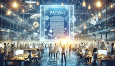 DALL·E 2024 03 22 14.19.15 Imagine A Dynamic And Engaging Scene That Visualizes The Essence Of Innovation And The Excitement Of Obtaining A Patent. The Foreground Shows A Bright