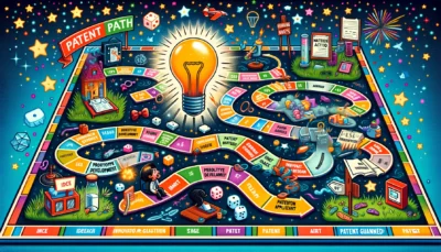 DALL·E 2024 03 22 14.19.21 A Creative And Colorful Depiction Of The Journey To Obtaining A Patent Illustrated As A Vibrant Board Game. The Game Path Starts With An Inventor Hav