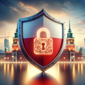 DALL·E 2024 03 22 14.50.16 A Scene Depicting The Symbolic Protection Of Personal Data In Poland. In The Center Of The Image There Is A Large Shining Shield With The Colors Of 