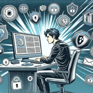 DALL·E 2024 04 25 13.54.26 A Comic Book Style Illustration Depicting A Person Sitting At A Computer Surrounded By Digital Icons Representing Intellectual Property Protection Su