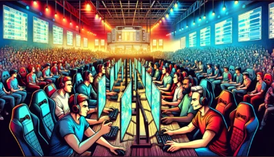 DALL·E 2024 04 25 14.22.31 A Comic Book Style Illustration Depicting A Lively Gaming Tournament Scene. The Image Features A Large Enthusiastic Crowd Watching As Competitors Eng