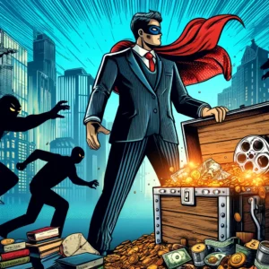 DALL·E 2024 04 25 14.46.39 A Comic Book Style Illustration That Visually Interprets The Concept Of Intellectual Property And Its Protection. The Image Features A Heroic Figure 